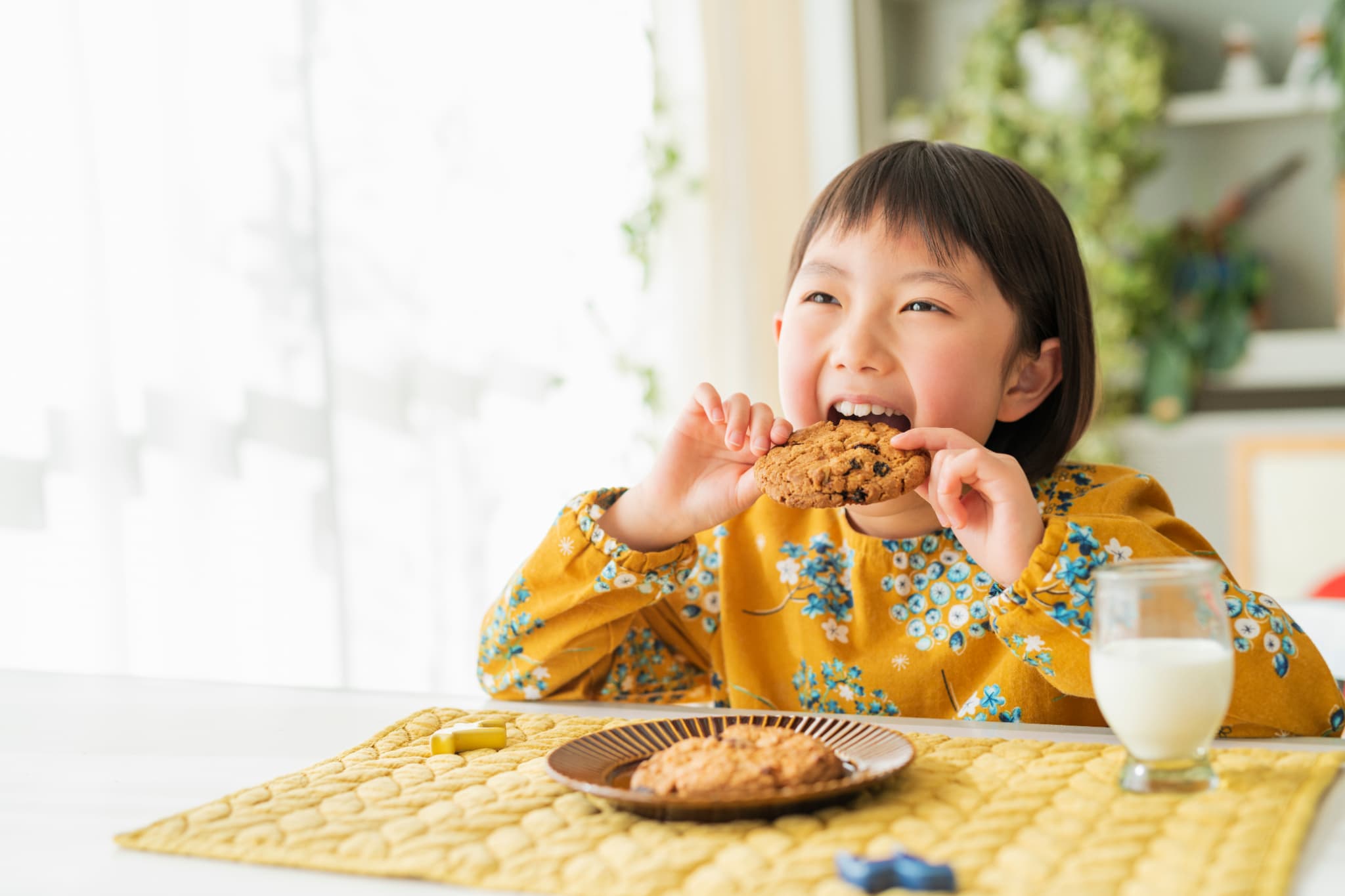 大きなクッキーにかぶりつく女の子