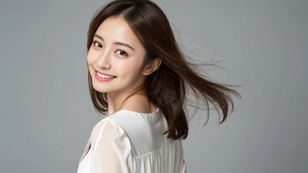 振り返って笑顔を見せる口元の綺麗な女性