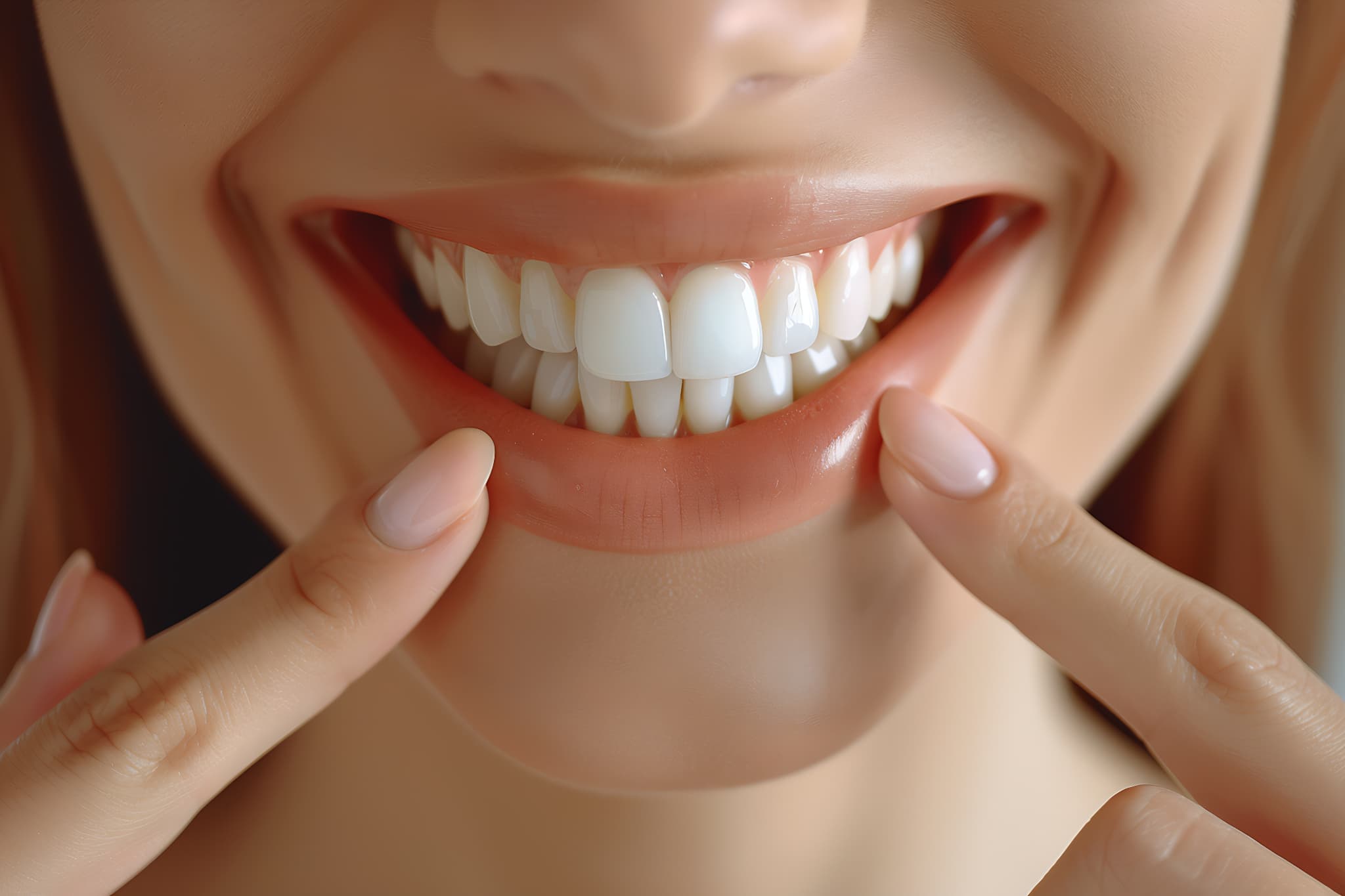 白く綺麗な前歯を指さす女性の口元